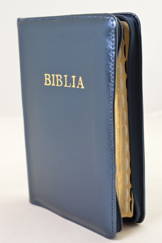 Biblie din piele, marime medie, culoare bleumarin sidefat, simpla, fermoar, index, margini aurii, [SB 057 PFI]