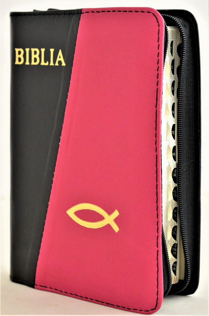 Biblia format mic, din piele, culoare negru / roz inchis, index, fermoar, margini argintii, simbolul peste, cuv. lui Isus in rosu [047 PFI]