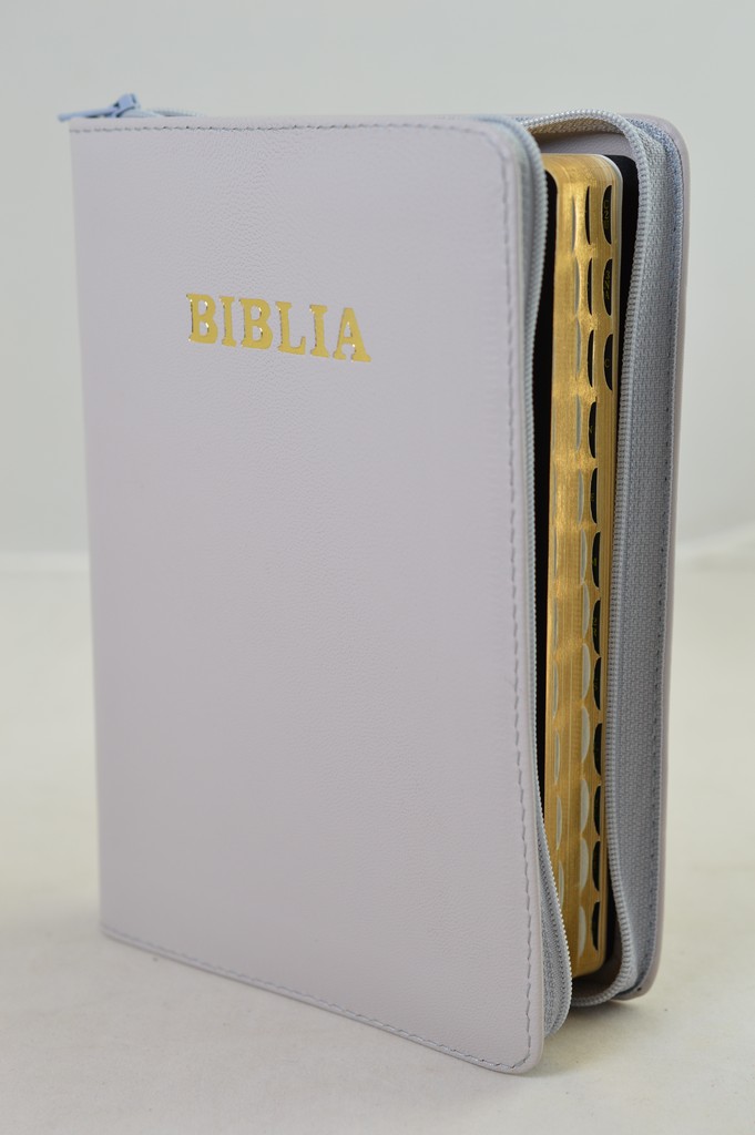 Biblie din piele, marime medie, culoare gri deschis, simpla, fermoar, index, margini aurii, [SB 057 PFI]