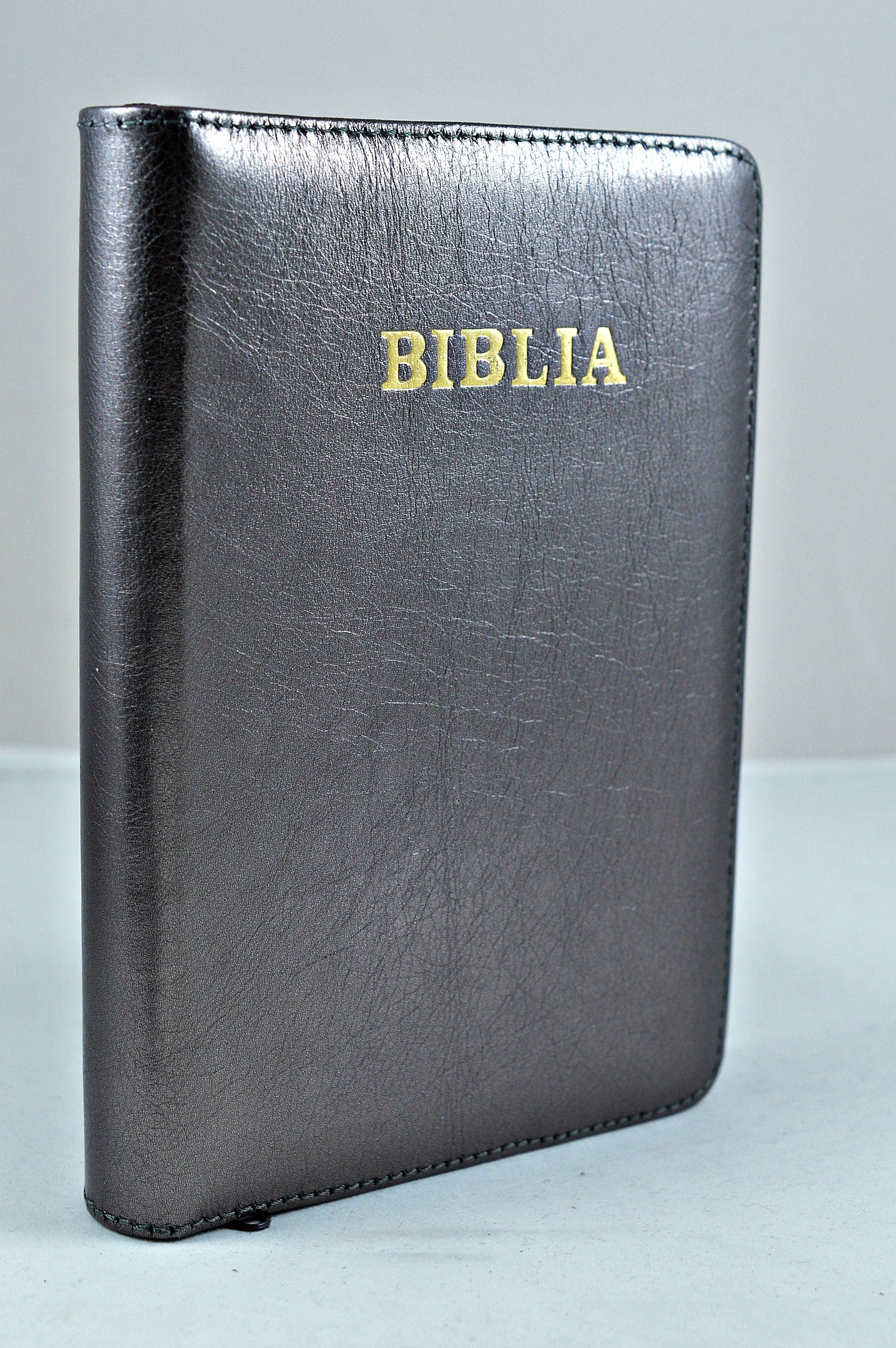 Biblia din piele, medie, negru sidefat, fermoar, aurita, cuv. lui Isus cu rosu [052]