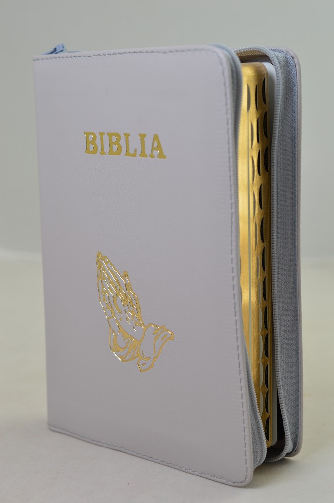 Biblie din piele, marime medie, culoare gri deschis, simbol maini in rugaciune, fermoar, index, margini aurii, [SB 057 PFI]