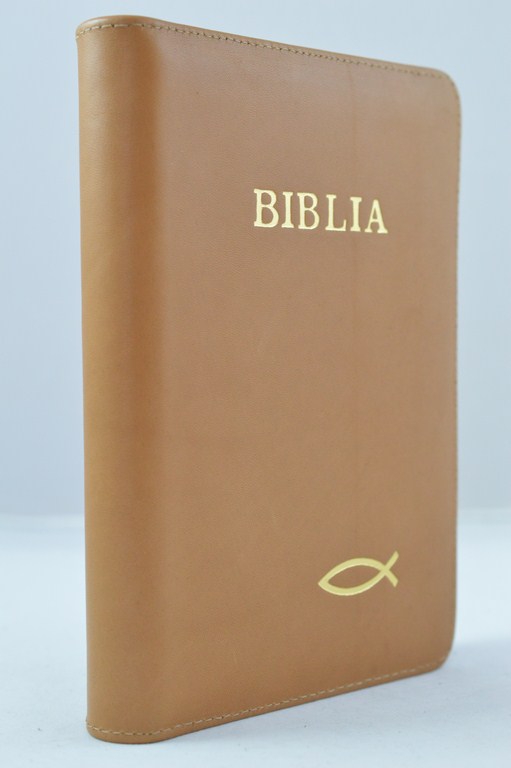 Biblia din piele, marime medie, culoare maro, cu fermoar, cu peste, cuv. lui Isus cu rosu [053]