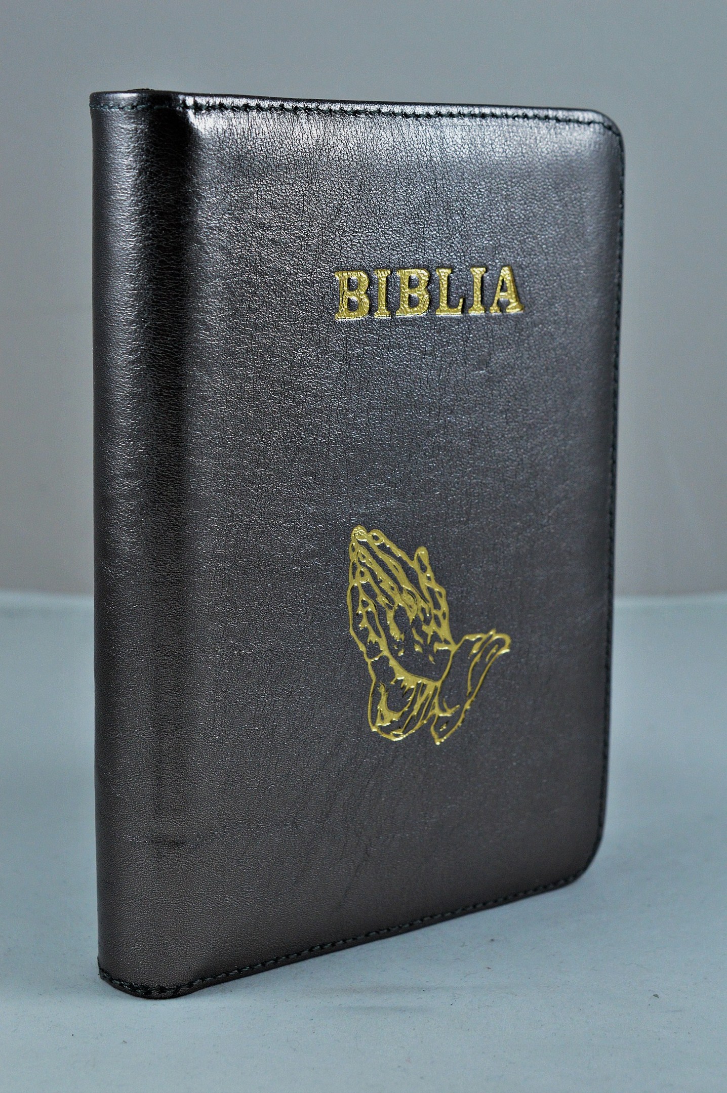 Biblia din piele, medie, negru sidefat, fermoar, aurita, simbol maini in rugaciune, cuv. lui Isus cu rosu [052]
