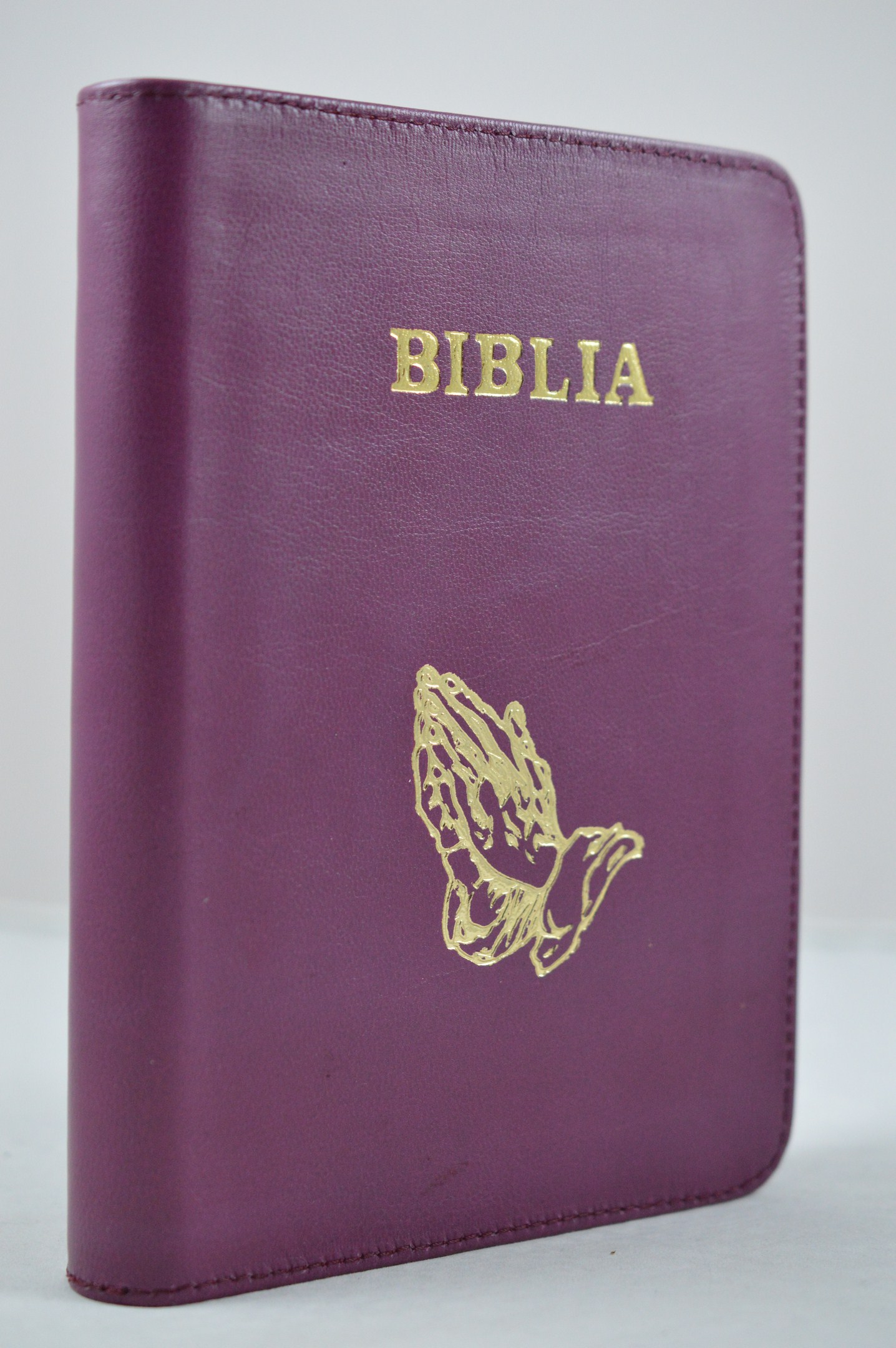 Biblia din piele, marime medie, culoatre mov , fermoar, margini aurii, simbol maini in rugaciune, cuvintele lui Isus cu rosu[SI 052]