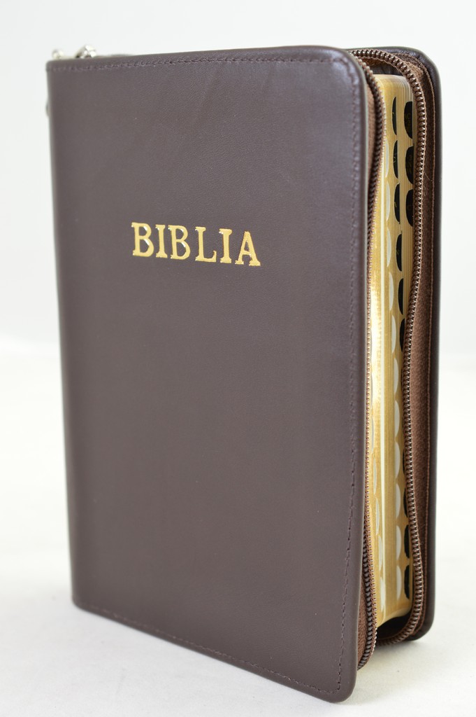 Biblie din piele, marime medie, culoare maro brun, simpla, fermoar, index, margini aurii, [SB 057 PFI]