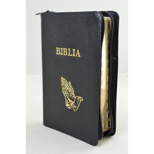 Biblie din piele, marime medie, neagra, simbol maini in rugaciune, fermoar, index, margini aurii, cuv. lui Isus cu rosu [SB 057 PFI]
