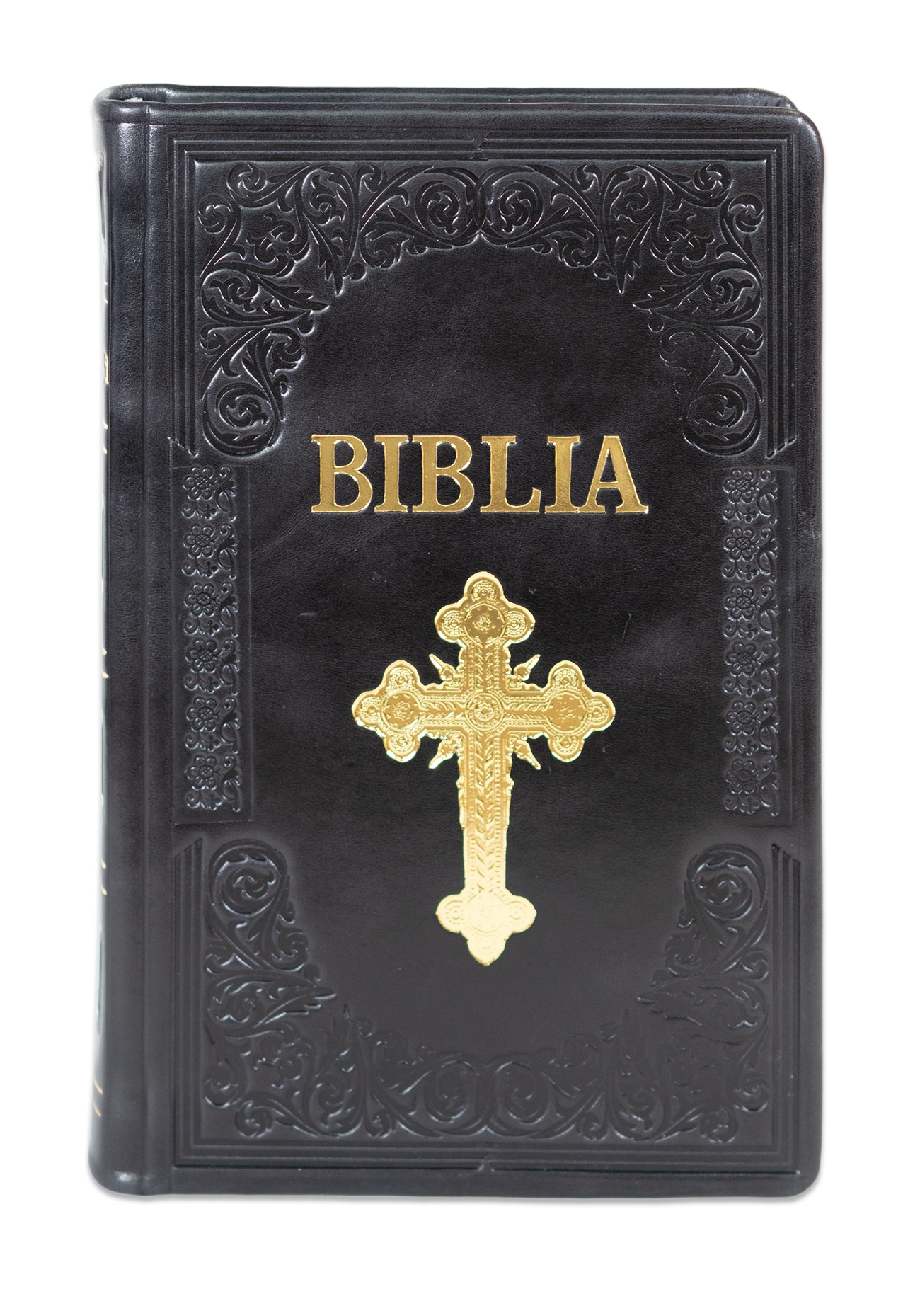 Biblie mare, piele, handmade, culoare neagra, index, margini argintii, simbol cruce, cuv. Isus cu rosu [SI 076 HM]