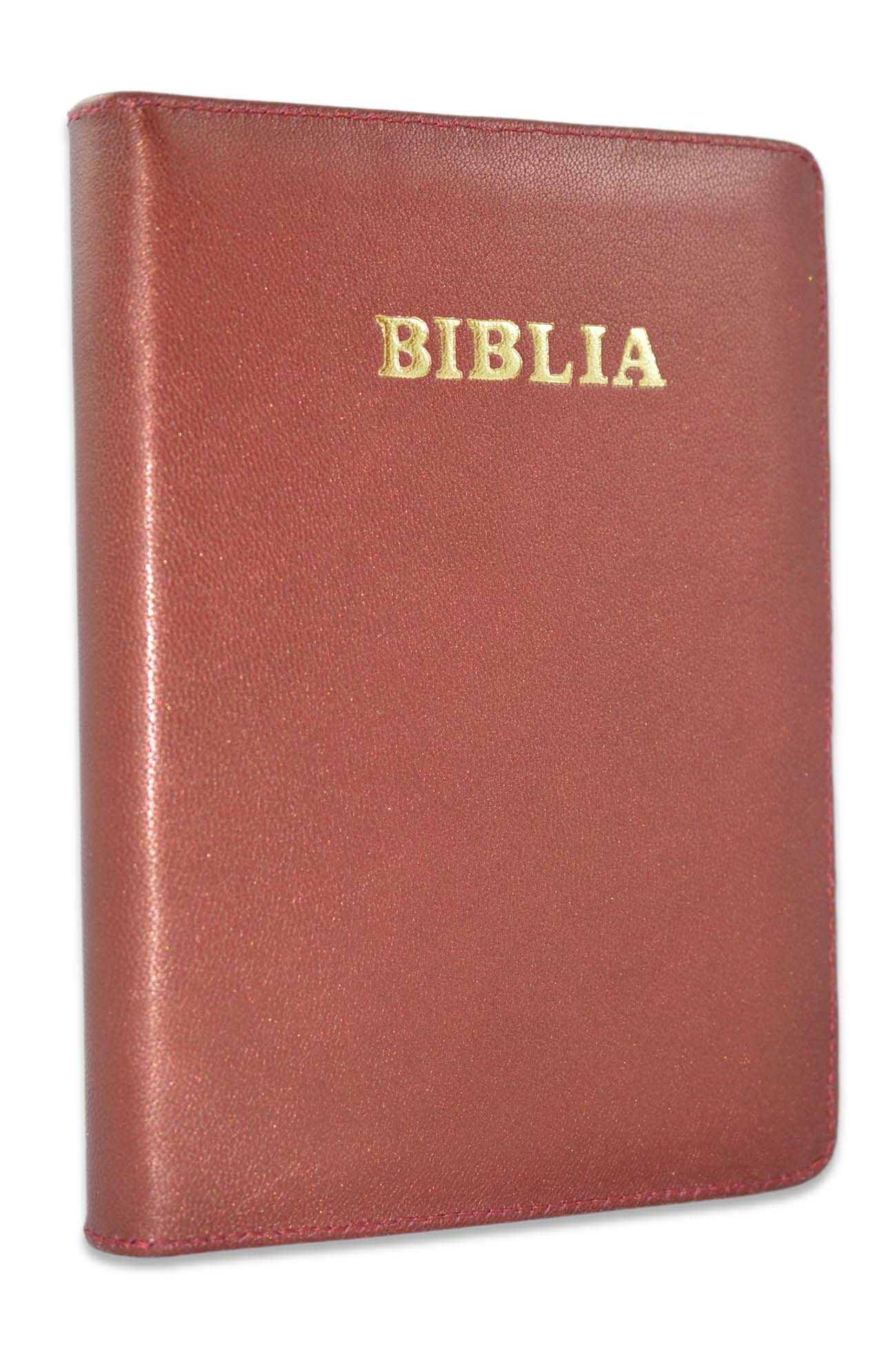 Biblie din piele, marime medie, cărămiziu, fermoar, index, margini aurii, cuv. lui Isus cu rosu [SB 057 PFI]