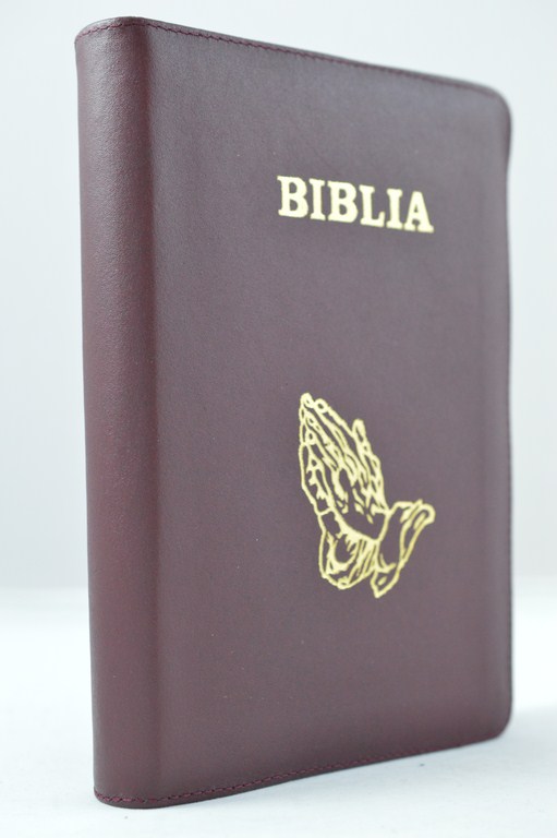 Biblia din piele, marime medie, visinie cu maini , fermoar, aurita, cuv. lui Isus cu rosu [052]
