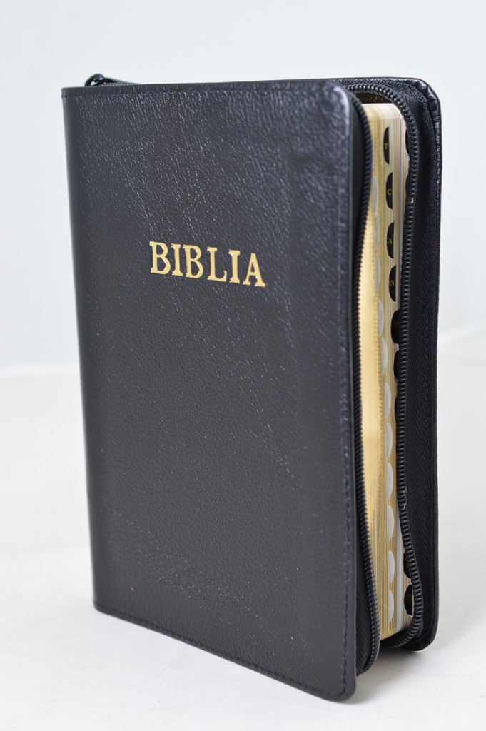 Biblie din piele, marime medie, neagra, fermoar, index, margini aurii, cuv. lui Isus cu rosu [SB 057 PFI]