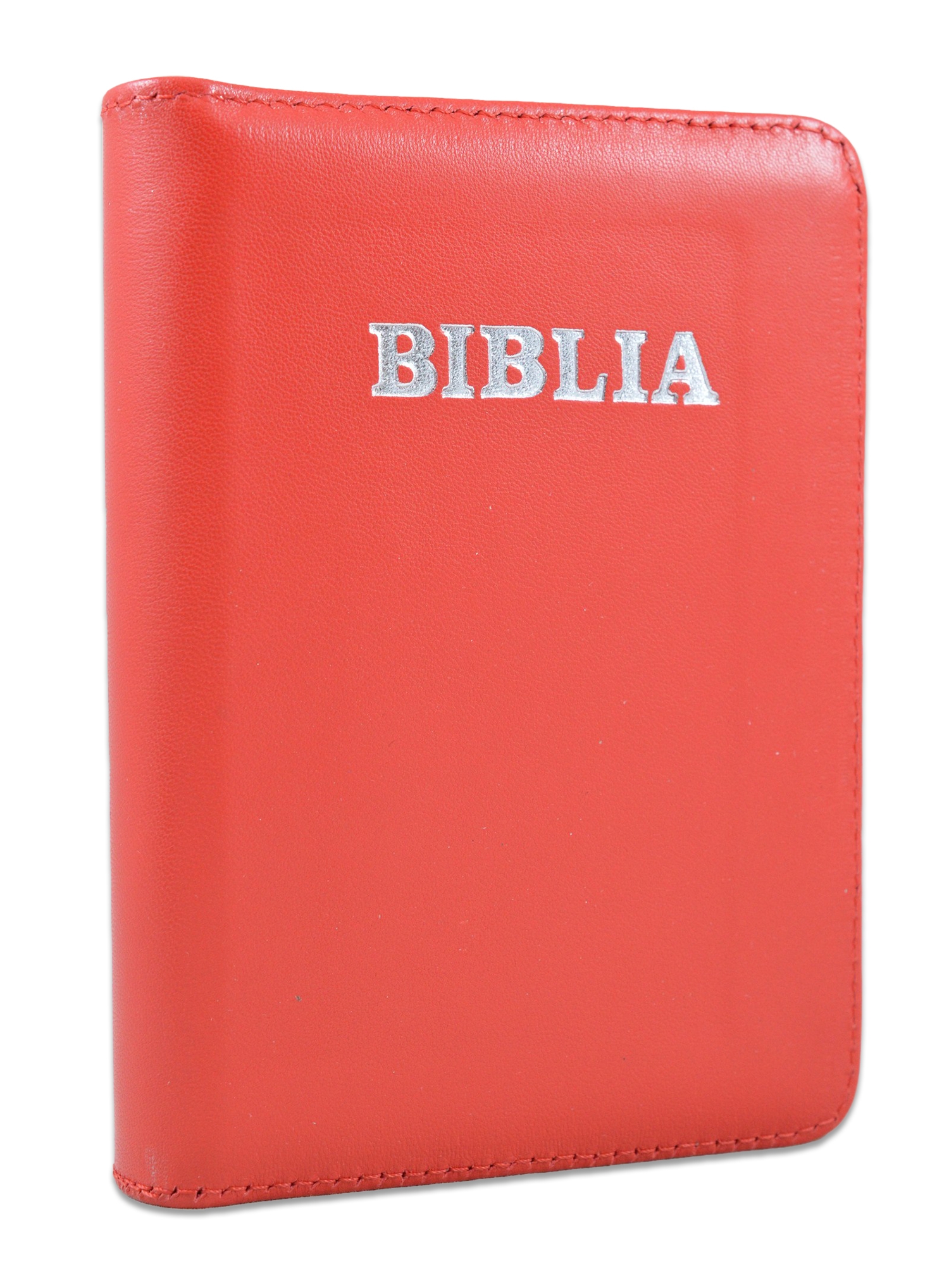 Biblie din piele,marime mica, culoare rosu, fermoar, margini albe, cuv. lui Isus in rosu [043 PF]