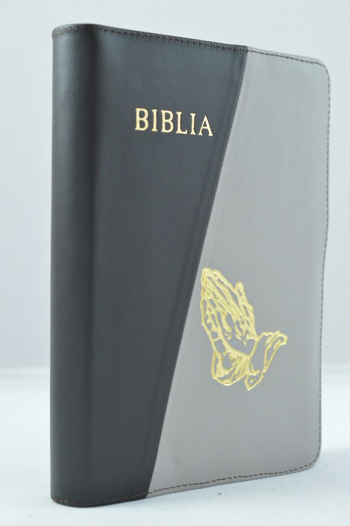 Biblia din piele, medie, gri / albastru inchis, fermoar, aurita, simbol - maini, cuv. lui Isus cu rosu [052]