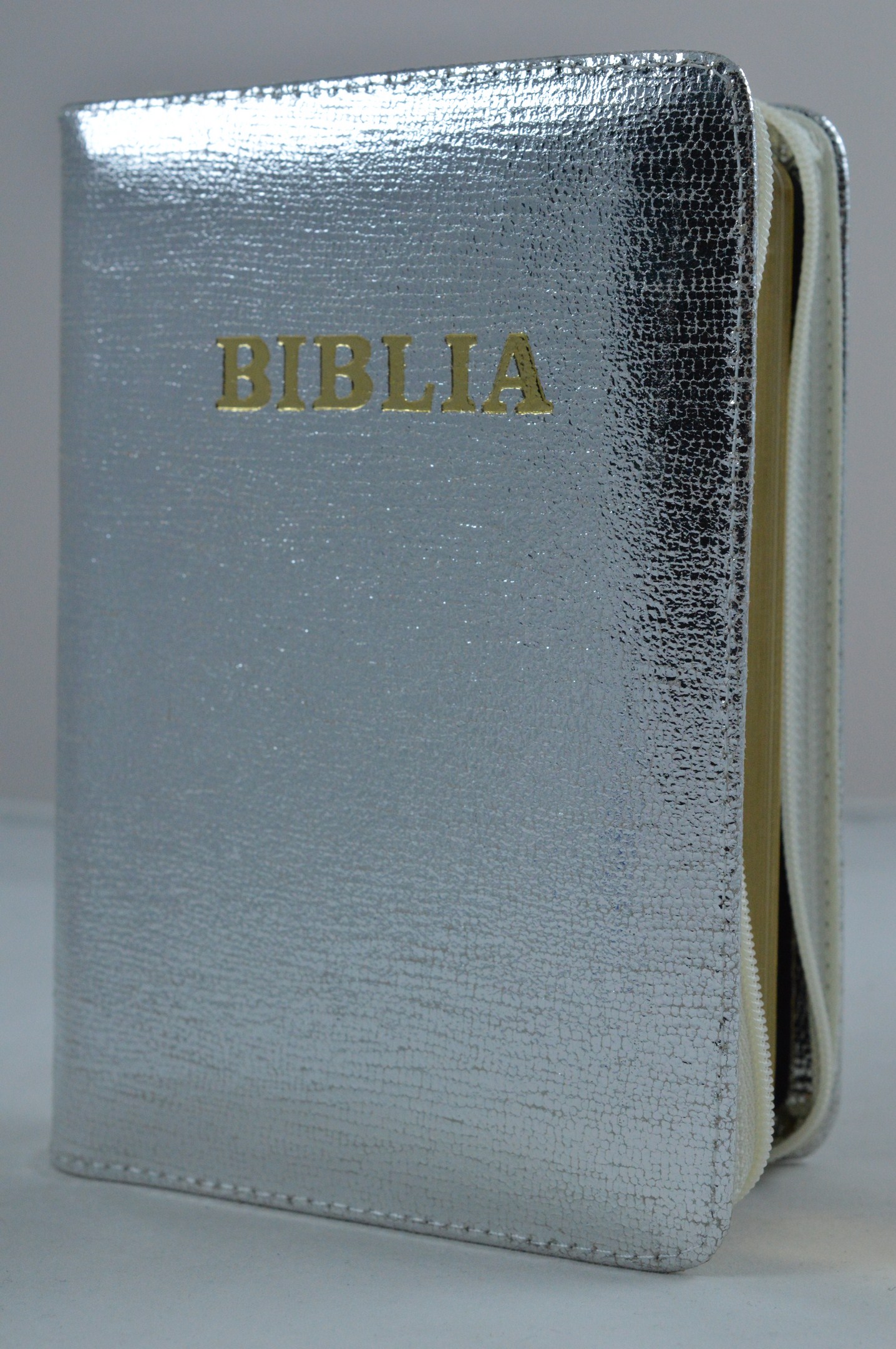 Biblie din piele, mica,argintiu sidefat, fermoar, aurita, cuv. lui Isus in rosu [043 A]