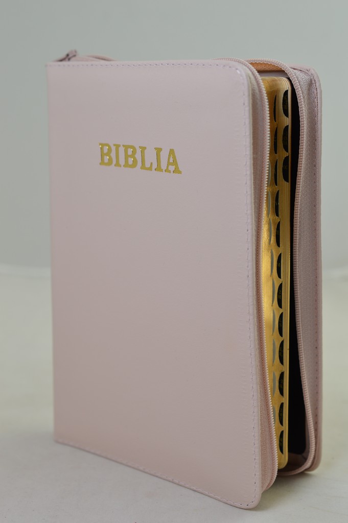 Biblie din piele, marime medie, bej deschis, fermoar, index, margini aurii, cuv. lui Isus cu rosu [SB 057 PFI]