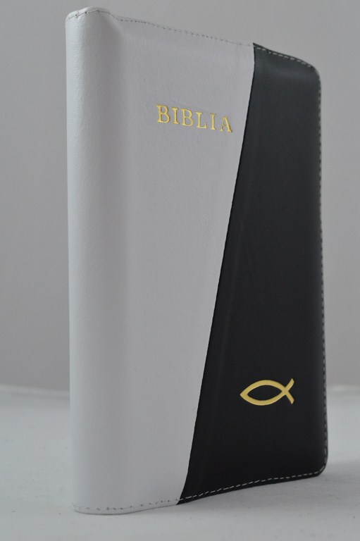 Biblia din piele, marime medie, culoare gri / negru, fermoar, cu peste, cuv. lui Isus cu rosu [053]