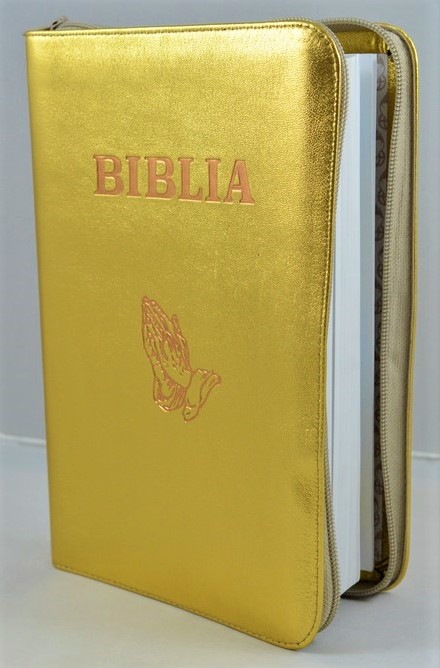 Biblia Deschisa - biblie de studiu, marime mare, piele, culoare aurie, fermoar, simbol maini Biblia Deschisa - biblie de studiu, marime mare, piele, culoare aurie, fermoar, simbol maini