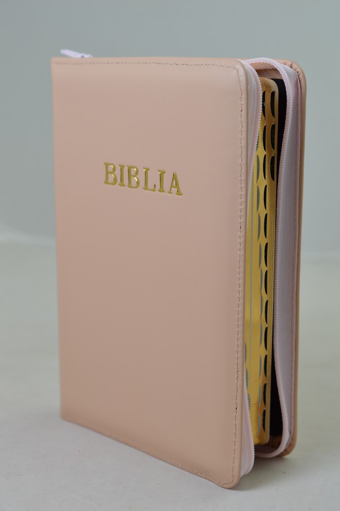 Biblie din piele, marime medie, culoare cappuccino - roz, simpla, fermoar, index, margini aurii, [SB 057 PFI]