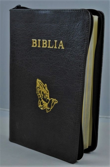 Biblia marime mare, coperta piele naturala, maro închis, margini albe, simbolul maini in rugaciune, cuvintele lui Isus cu rosu [072 PF]
