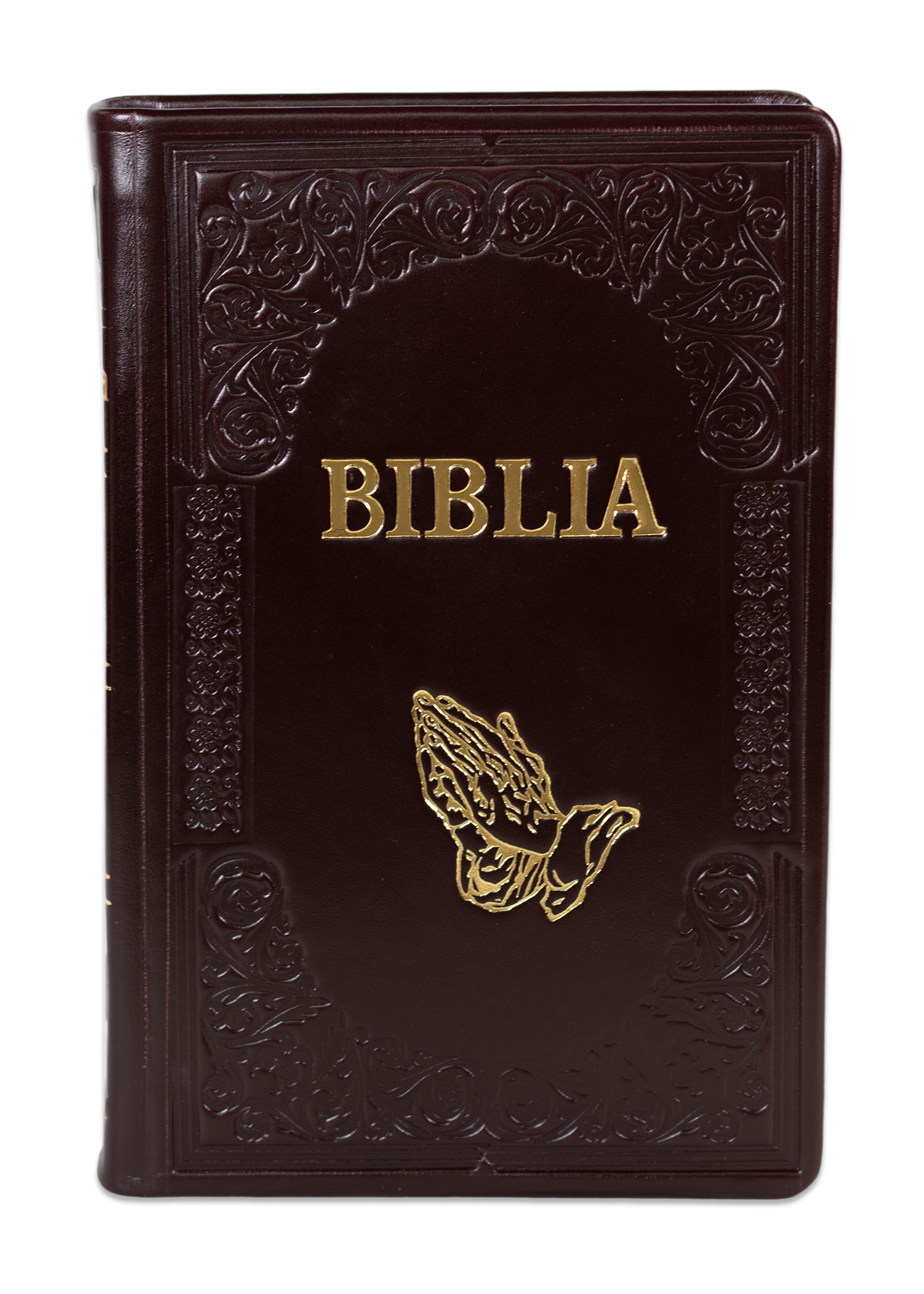 Biblie mare, piele, handmade, culoare visiniu inchis, index, margini argintii, simbol maini in rugaciune, cuv. Isus cu rosu [SI 076 HM]