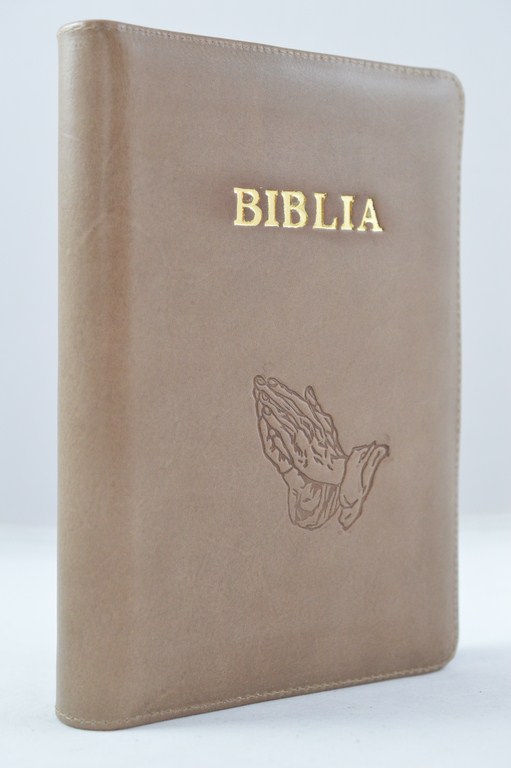 Biblia din piele, marime medie, culoare cappuccino fermoar, cu peste, cuv. lui Isus cu rosu [053]