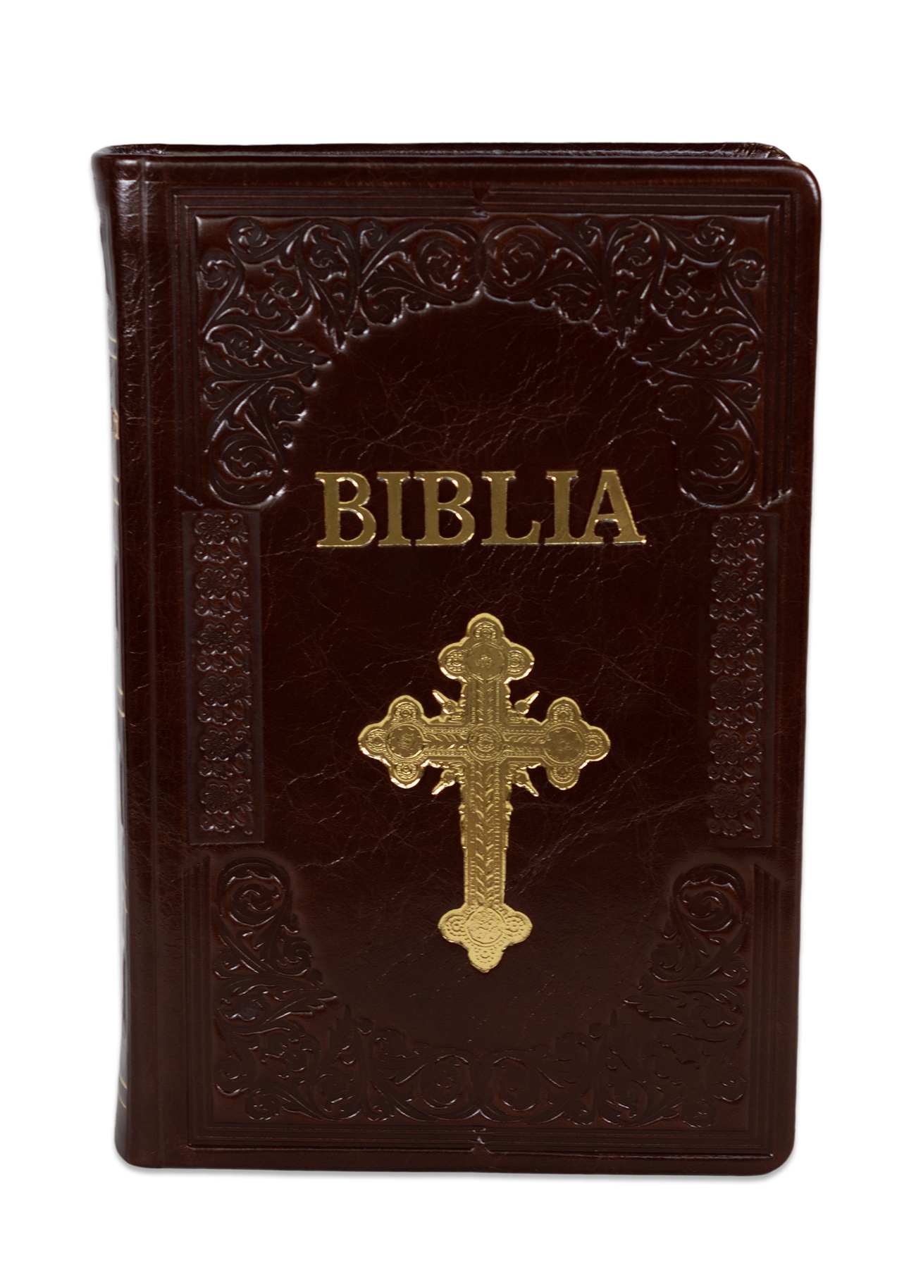 Biblie mare, piele, handmade, culoare maro roscat, index, margini argintii, simbol cruce, cuv. Isus cu rosu [SI 076 HM]