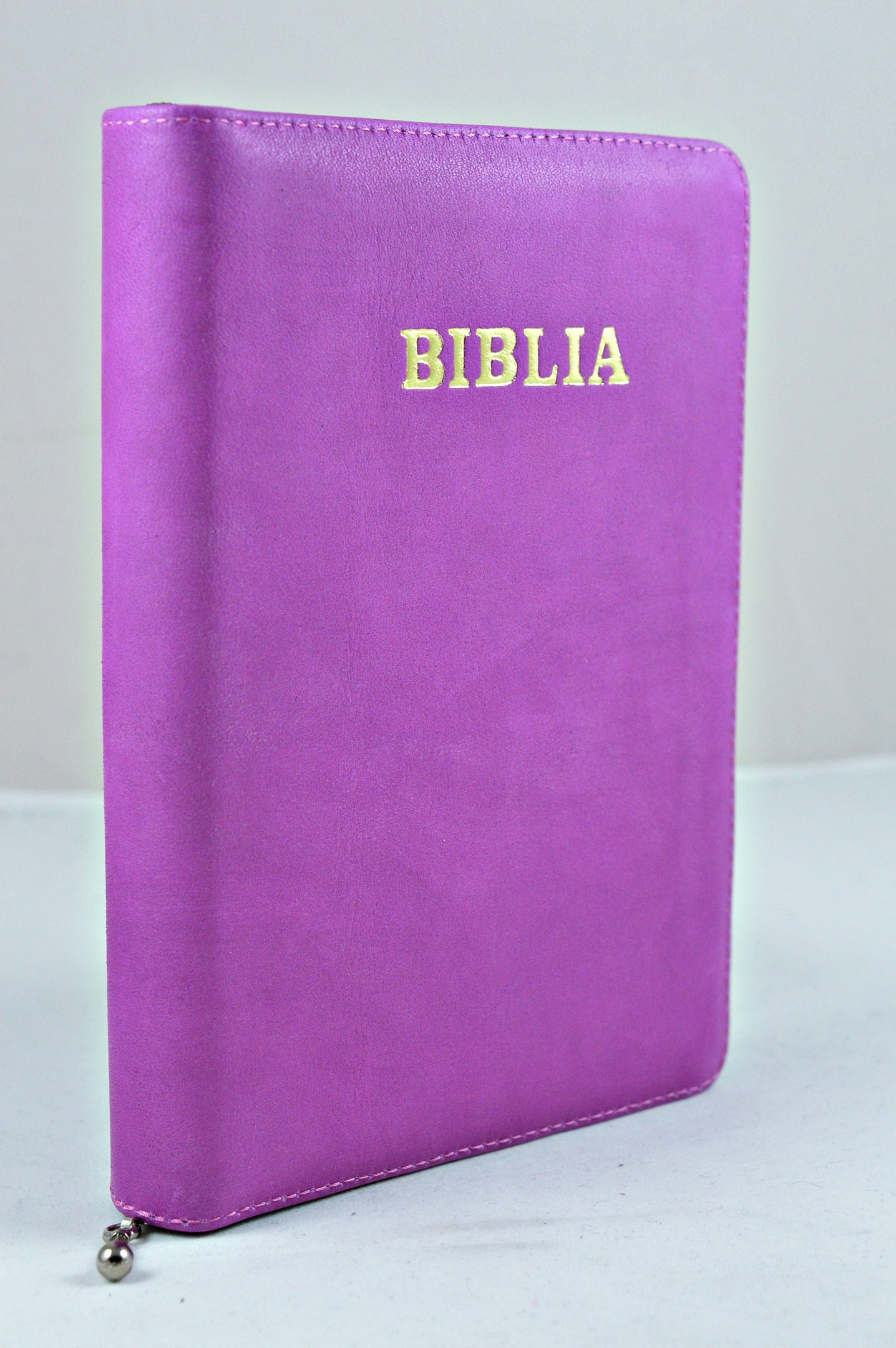 Biblia din piele, medie, violet, fermoar, aurita, cuv. lui Isus cu rosu [052]