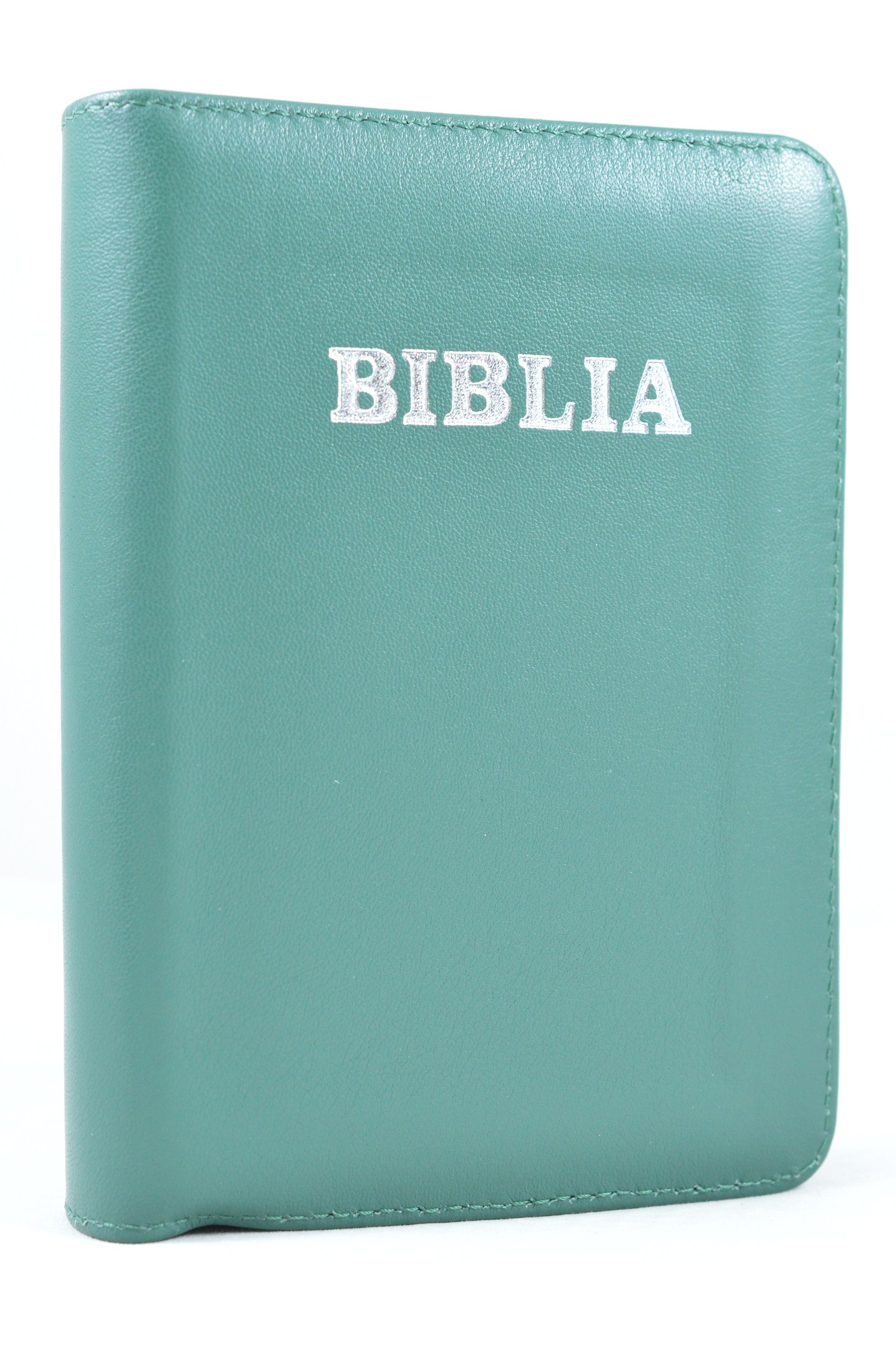 Biblie din piele, mica, albastru deschis, fermoar, argintata, cuv. lui Isus in rosu [043 A]