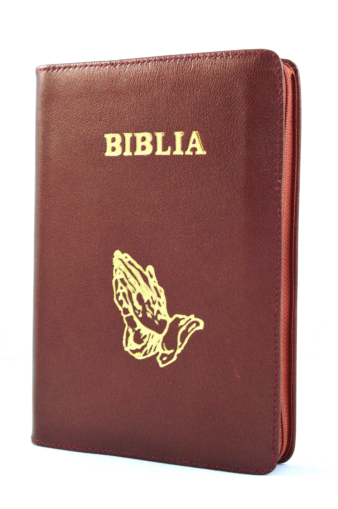Biblia din piele, marime medie, culoare maro deschis, cu maini in ruga gravate, cuv. lui Isus cu rosu [053]