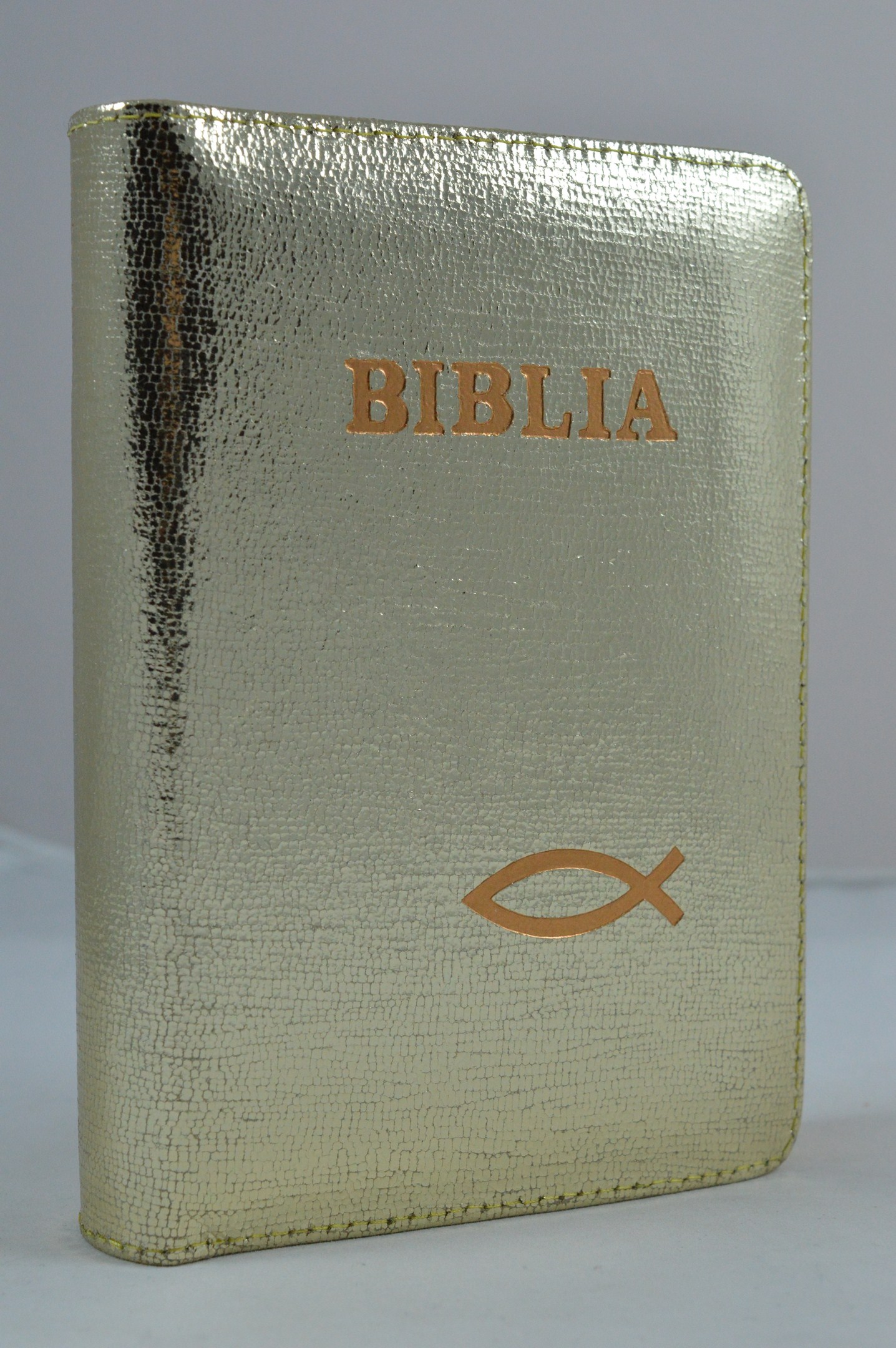 Biblie din piele, mica,auriu sidefat cu peste, fermoar, aurita, cuv. lui Isus in rosu [043 A]