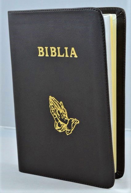 Biblie mare, piele, maro inchis, margini argintii, simbol maini in ruga, cuv. Isus cu rosu [SI 073 P]