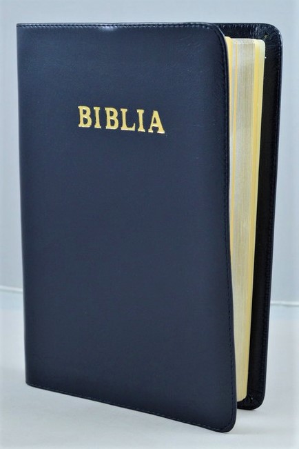 Biblie mare, piele, neagra, margini argintii, cuv. Isus cu rosu [SI 073 P]