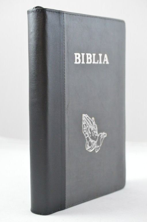 Biblia mare, din piele, negru | gri, fermoar, margini argintii, simbol - maini in ruga, cuv. lui Isus in rosu [073 PFR]