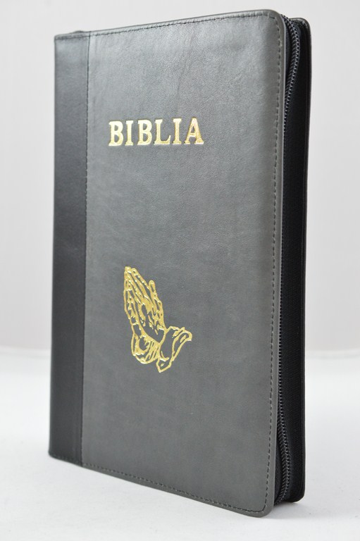 Biblia mare, coperta piele, culoare negru | gri, fermoar, margini aurie, simbol - maini in ruga, cuv. lui Isus in rosu [073 PFR]