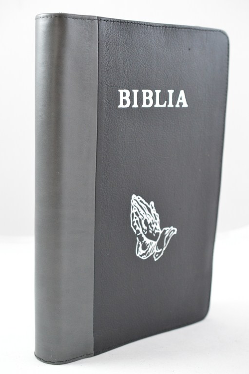 Biblia mare, din piele, gri | negru, fermoar, margini argintii, simbol - maini in ruga, cuv. lui Isus in rosu [073 PFR]