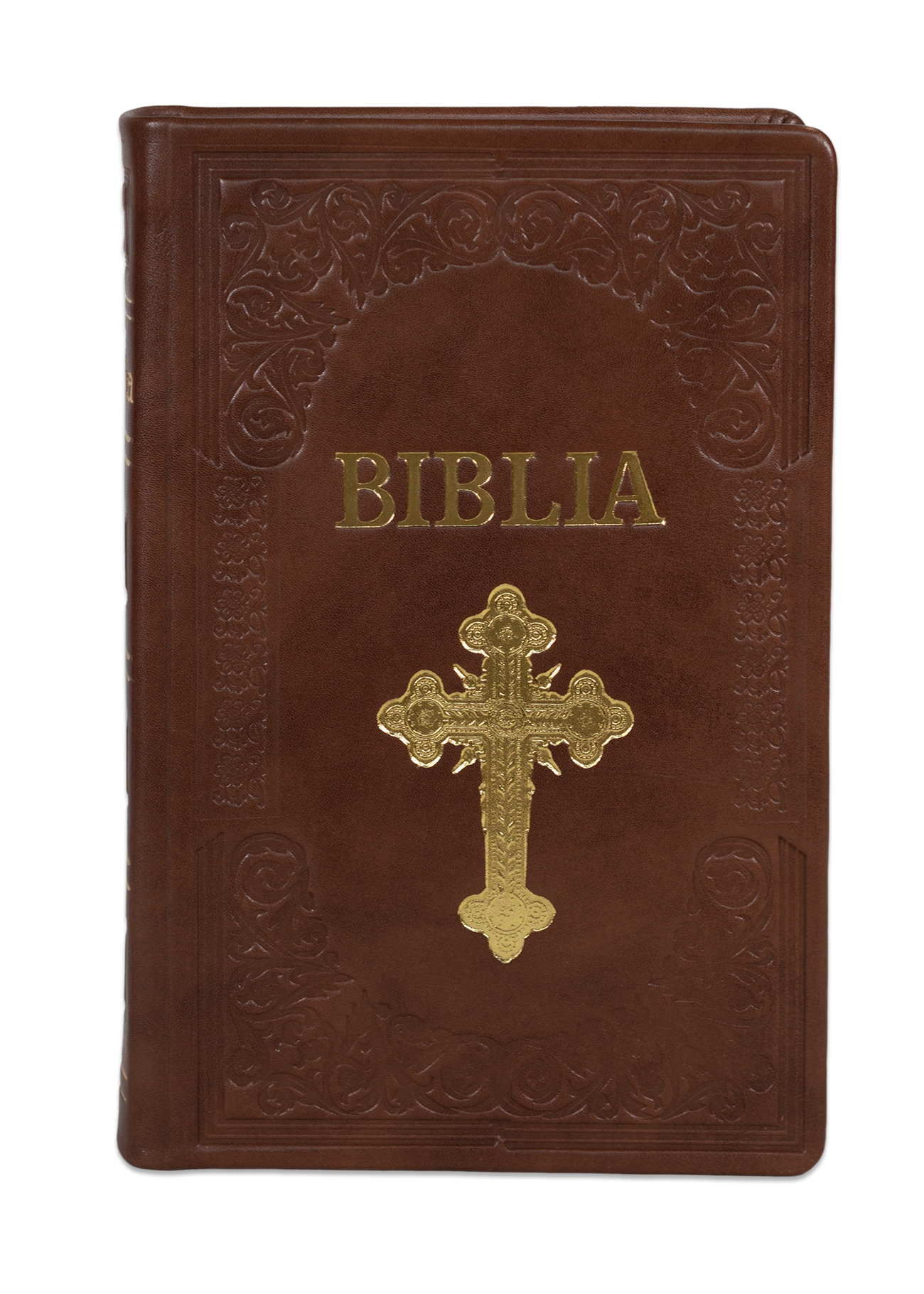 Biblie mare, piele, handmade, culoare maro, index, margini argintii, simbol cruce, cuv. Isus cu rosu [SI 076 HM]