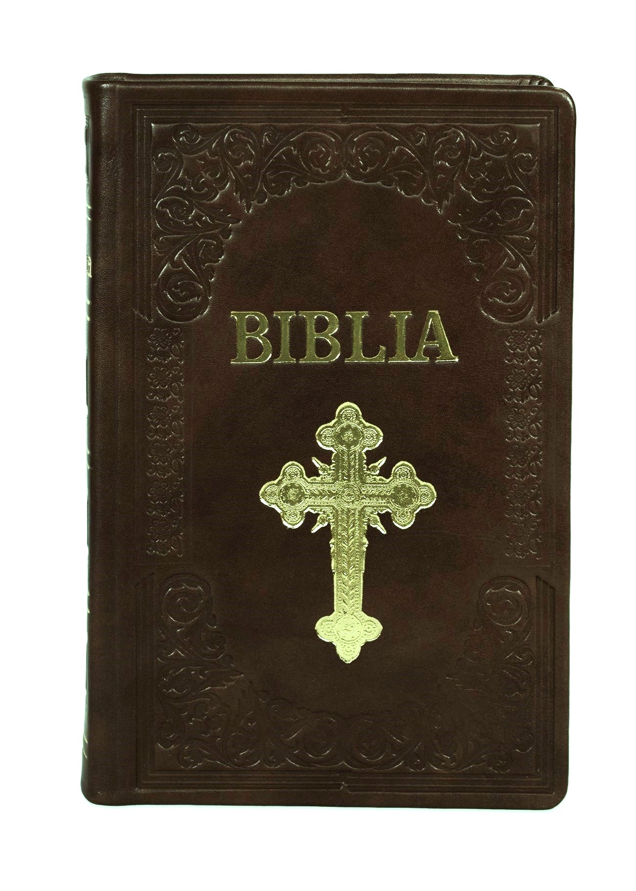Biblie mare, piele, handmade, maro, simbol cruce,  index, margini aurii,  cuv. Isus cu rosu [SI 076 HM]