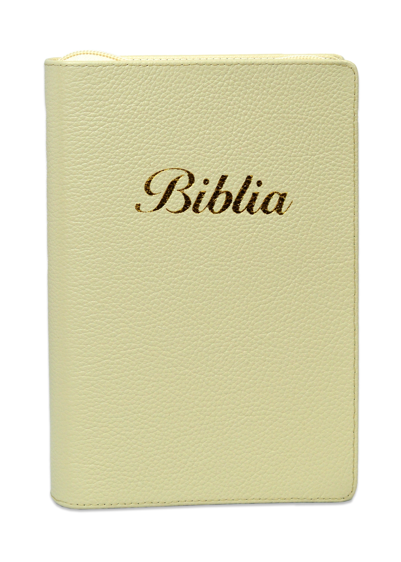 Biblia marime medie, culoare crem, piele, fermoar, margini aurii, index, cuv. lui Isus cu rosu [MAR 057 PFI]