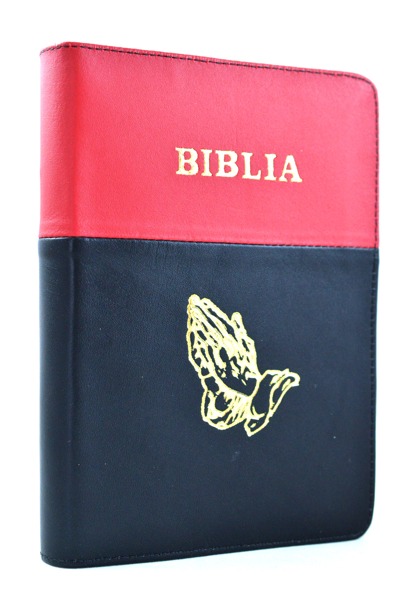 Biblia din piele, marime medie, rosu-negru, fermoar, cu maini, cuv. lui Isus cu rosu [053]