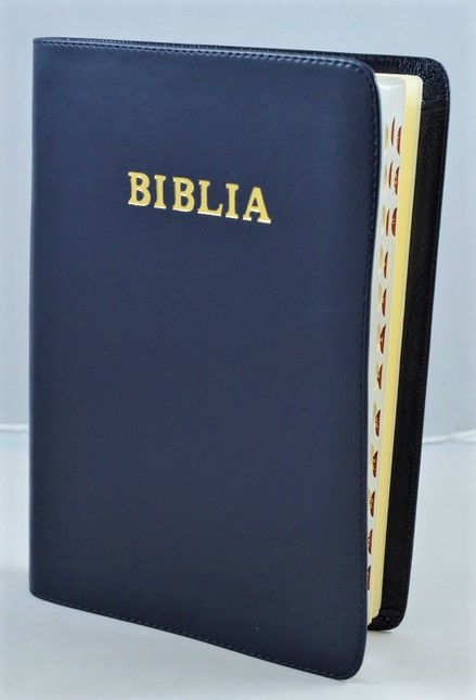 Biblia mare, coperta piele, bleumarin, index, margini argintii, cuv. lui Isus cu rosu [SI 073 PI]