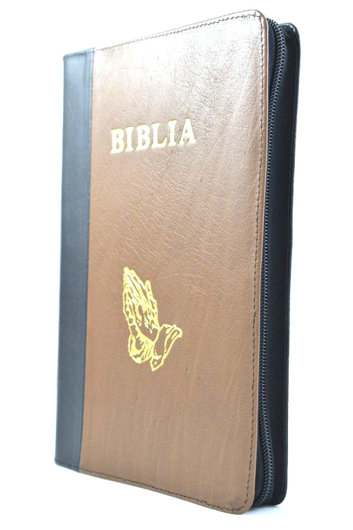 Biblia mare, din piele, maro inchis | bej, fermoar, margini aurii, simbol - maini in ruga, cuv. lui Isus in rosu [073 PFR]