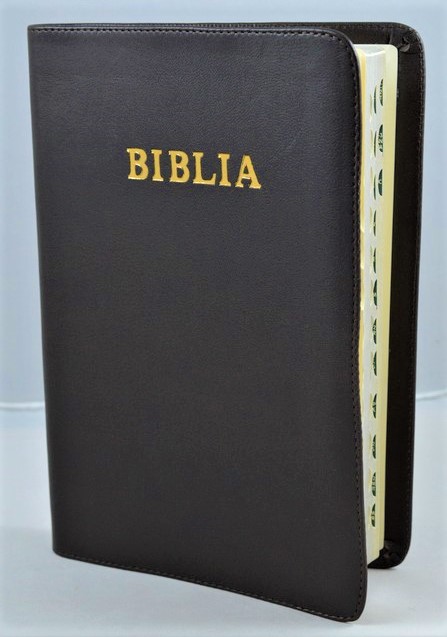 Biblia mare, coperta piele, maro, index, margini argintii, cuv. lui Isus cu rosu [SI 073 PI]