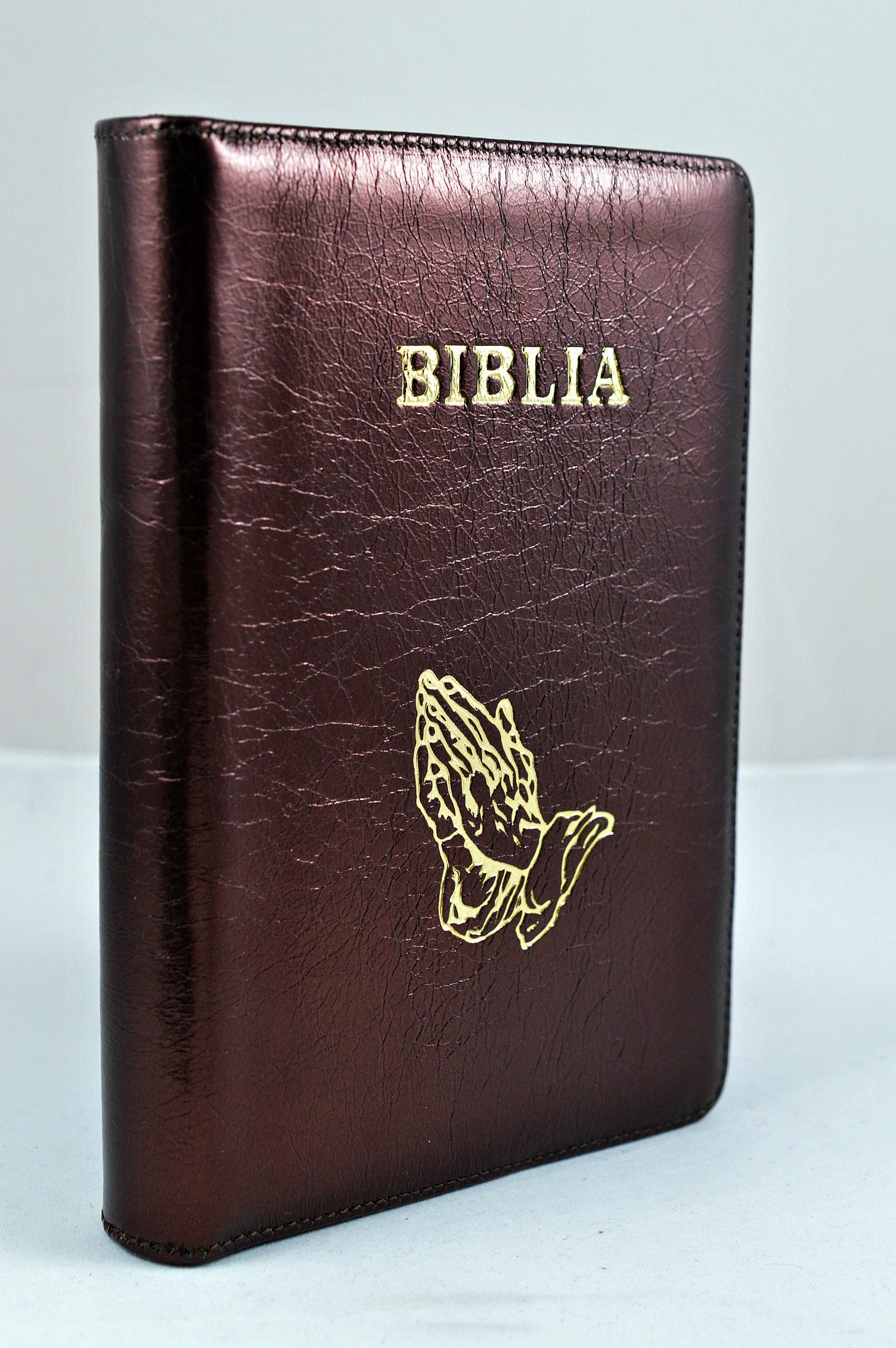 Biblia din piele, medie, visiniu sidefat, fermoar, aurita, simbol maini in rugaciune, cuv. lui Isus cu rosu [052]