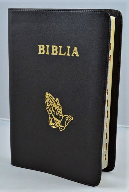 Biblia mare, coperta piele, maro, index, margini argintii, simbol maini, cuv. lui Isus cu rosu [SI 073 PI]