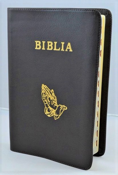 Biblia mare, coperta piele, gri antracit, index, margini argintii, simbol maini, cuv. lui Isus cu rosu [SI 073 PI]
