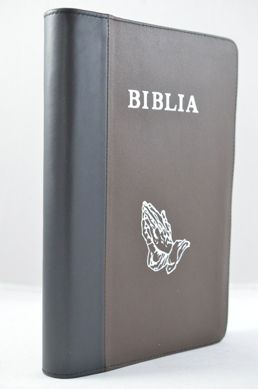 Biblia mare, coperta din piele, nuanta inchisa | maro, fermoar, margini argintii, simbol - maini in ruga, cuv. lui Isus in rosu [073 PFR]