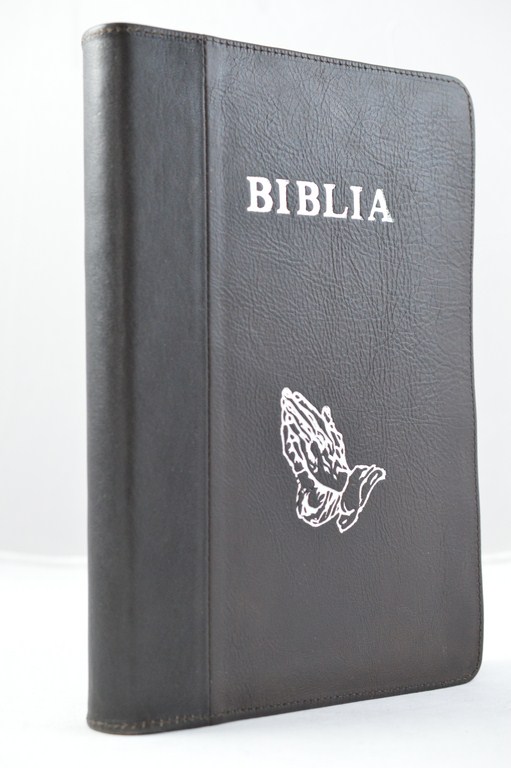 Biblia mare, coperta din piele, nuante inchise, fermoar, margini argintii, simbol - maini in ruga, cuv. lui Isus in rosu [073 PFR]