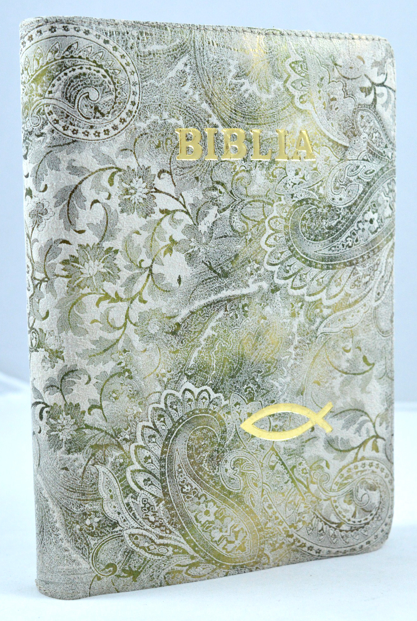 Biblia din piele, marime medie, bej floral, fermoar, simbol peste, cuv. lui Isus cu rosu [053]