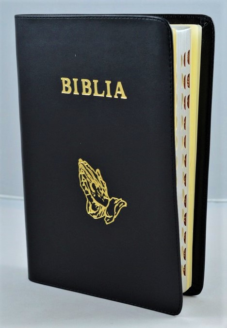 Biblia mare, coperta piele, neagra, index, margini argintii, simbol maini, cuv. lui Isus cu rosu [SI 073 PI]