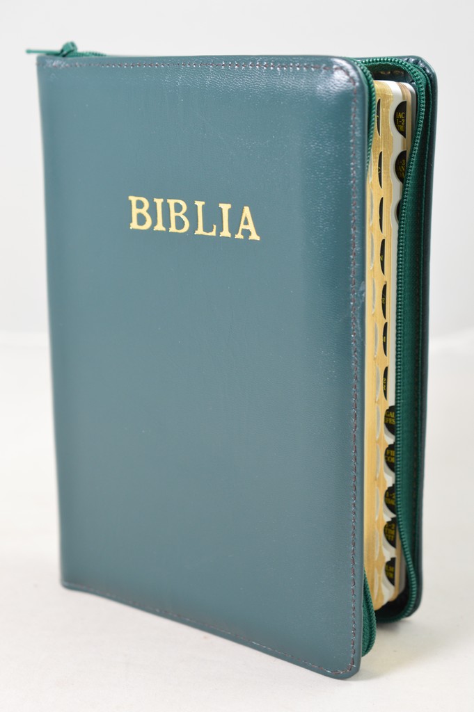 Biblie din piele, marime medie, nuanta verde, fermoar, index, margini aurii, cuv. lui Isus cu rosu [SB 057 PFI]