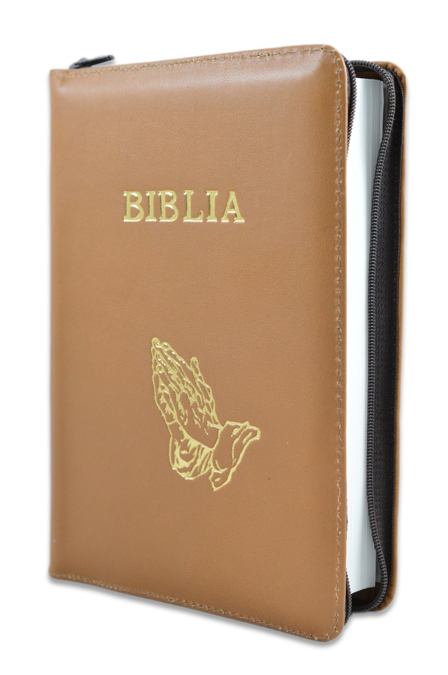 Biblia din piele, marime medie,maro , fermoar, simbol  maini in ruga, cuv. lui Isus cu rosu [053]